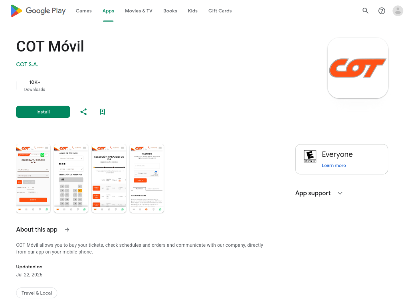 Ficha de la app COT Móvil en Google Play