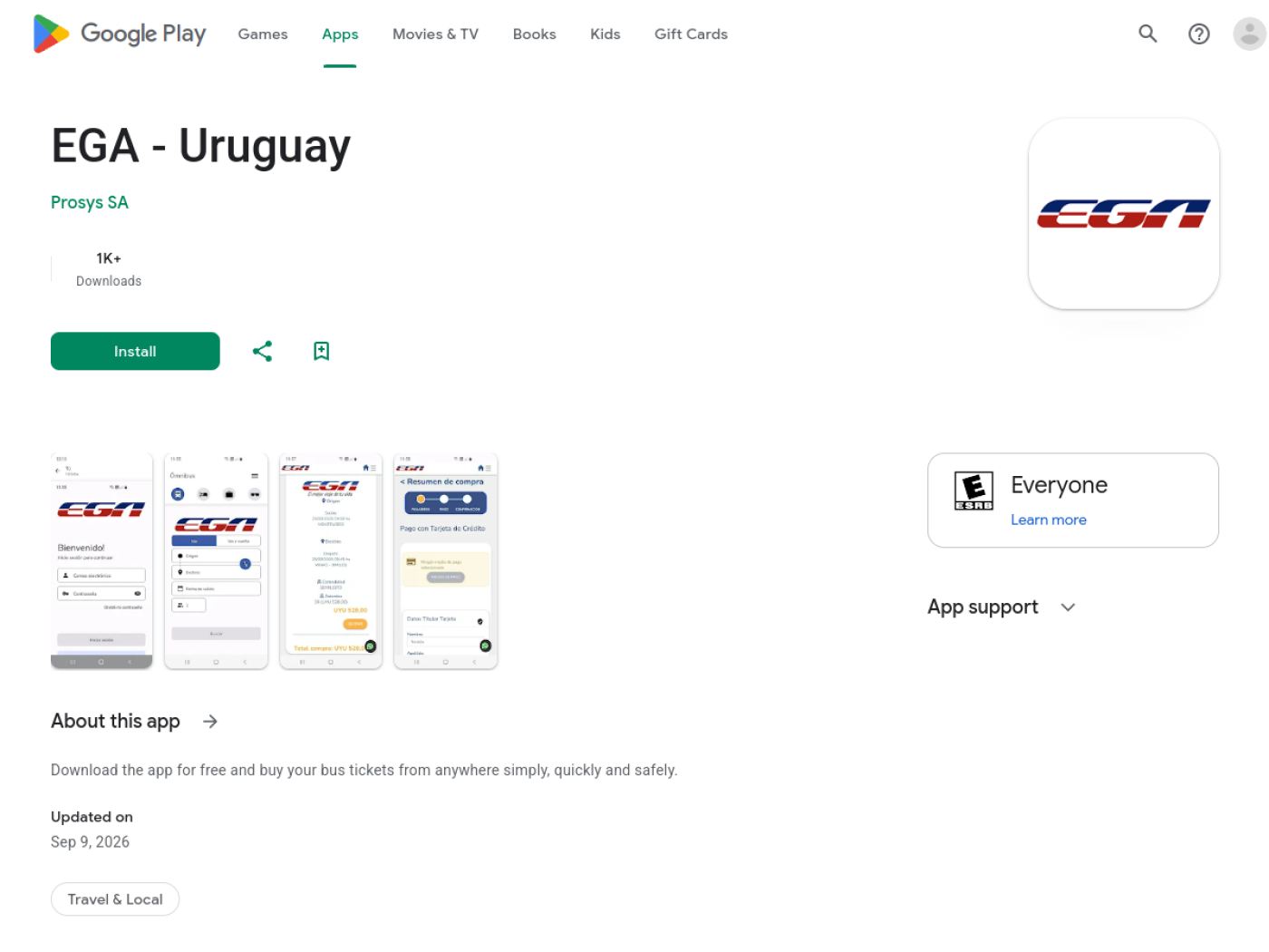 Ficha de la app EGA Uruguay en Google Play