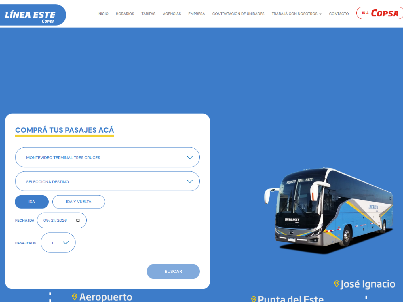 Portal de venta de COPSA Línea Este para comprar pasajes online