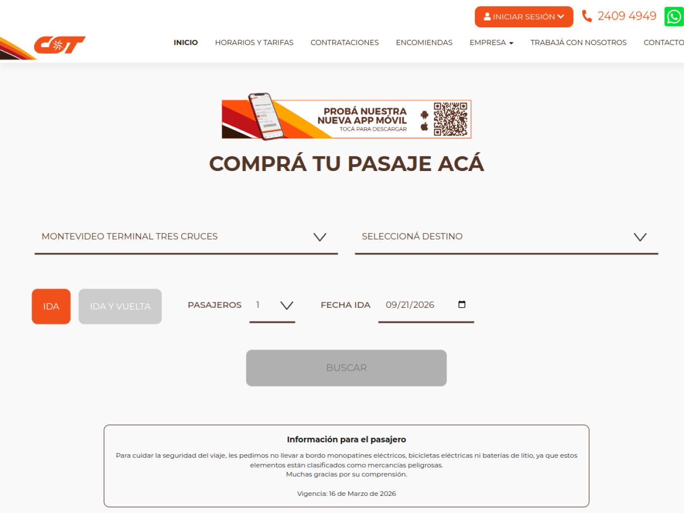 Sitio de COT para comprar pasajes de ómnibus online