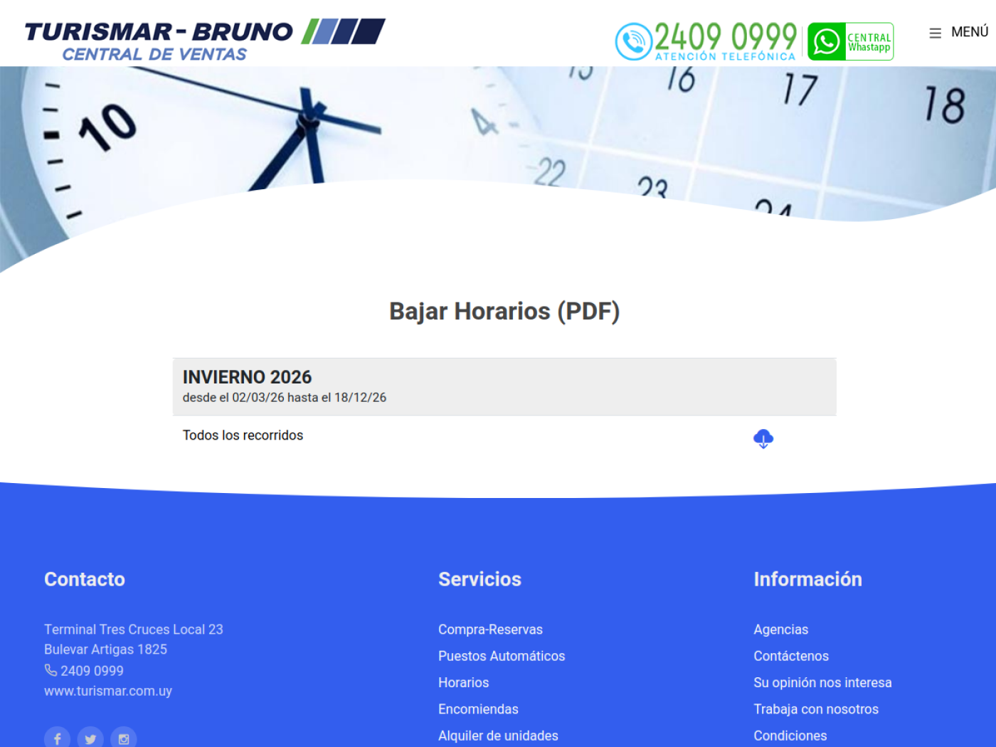 Página de horarios de Turismar, que vende pasajes online