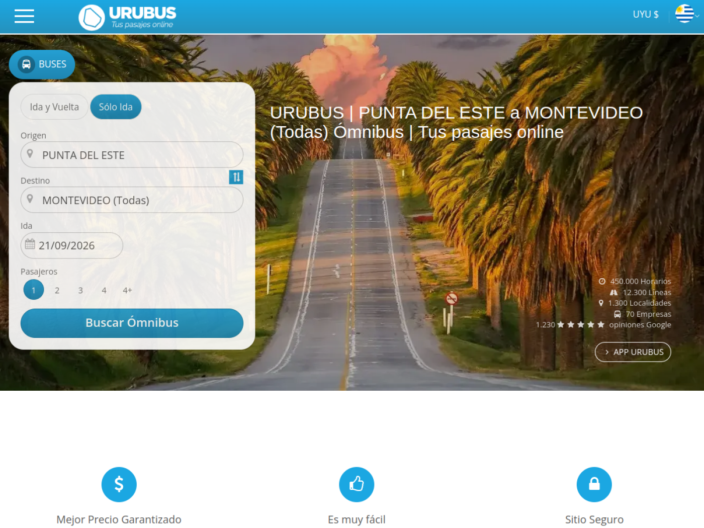 Buscador de Urubus con la ruta Punta del Este a Montevideo cargada