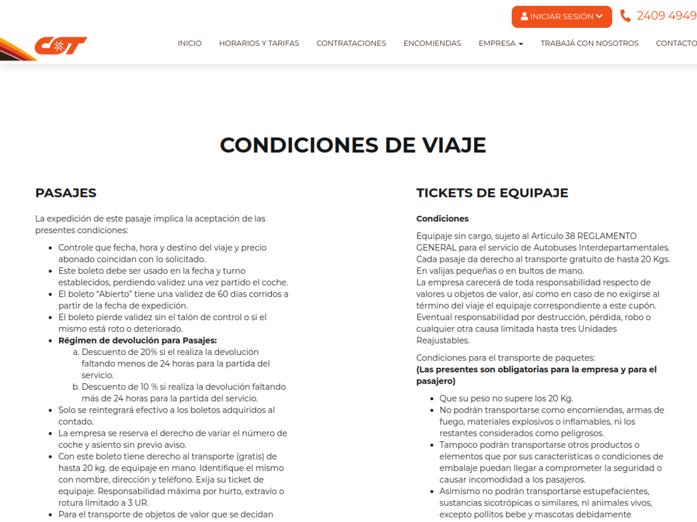 Condiciones de viaje y tickets de equipaje de COT