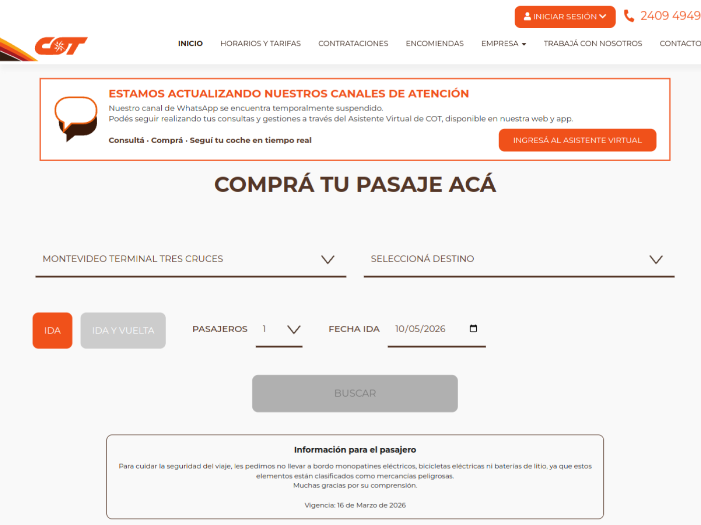 Formulario de compra de pasajes del sitio de COT