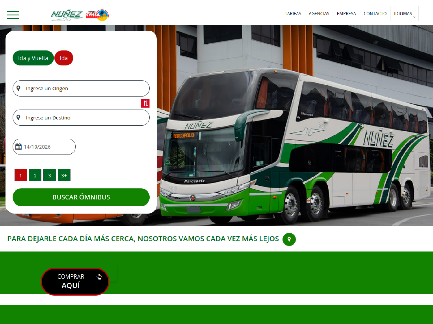 Sitio de Núñez y Viajes Cynsa con el formulario de compra de pasajes