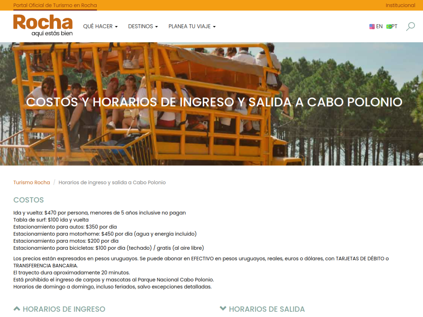 Costos y horarios de ingreso y salida a Cabo Polonio