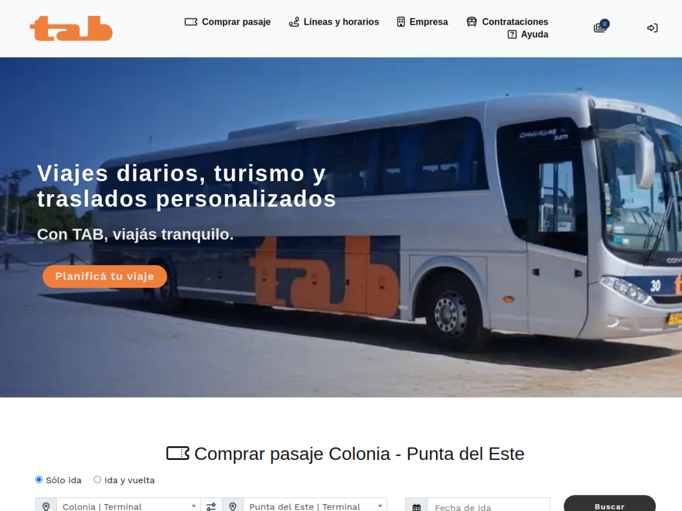 Sitio de TAB con la compra de pasajes entre Colonia y Punta del Este